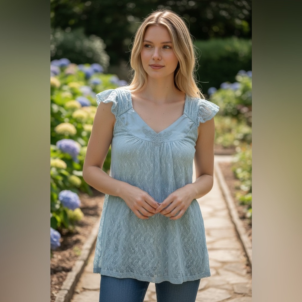 Free People Pale Blue Lace Flutter-Sleeve Tunic